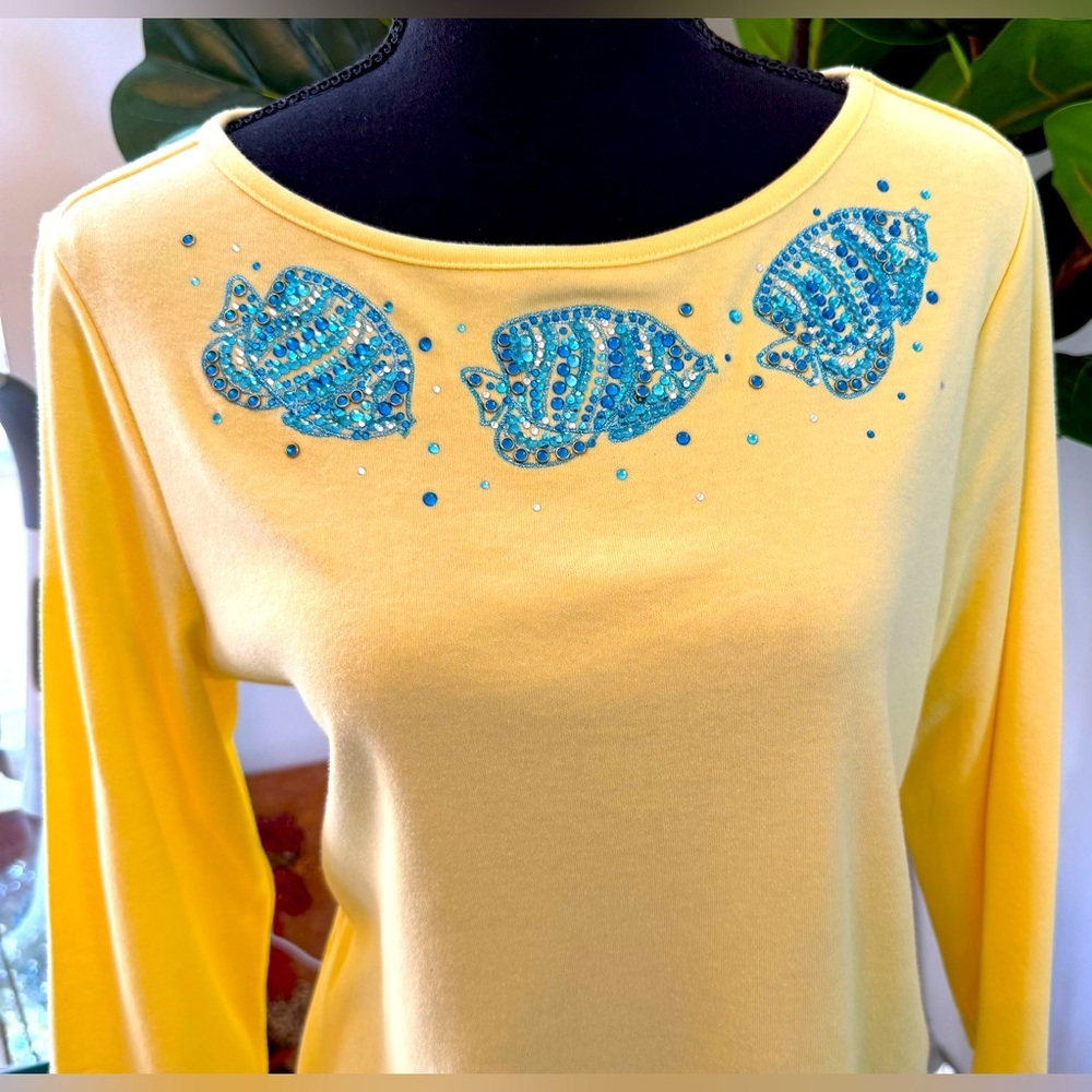 Quacker Factory Yellow Long Sleeve Top w/ Bling Turquoise Blue Fish, Tunic